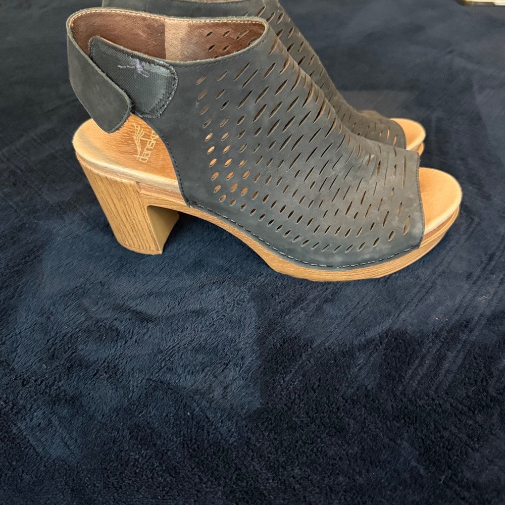 Dansko Black Perforated Leather Peep-Toe Sandals with Wood-Effect Heel